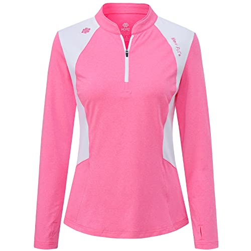 MoFiz Damen Poloshirt Langarm Atmungsaktiv Polohemd für Sport Polo Wintershirts mit Stehkragen Rosa L von MoFiz