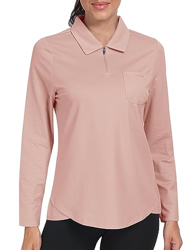 MoFiz Damen Poloshirt Langarm Baumwolle Golf Polo Langarmshirt mit Reißverschluss Kragen Rosa XS von MoFiz