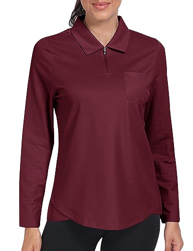 MoFiz Damen Poloshirt Langarm Baumwolle Golf Polo Langarmshirt mit Reißverschluss Kragen Weinrot L von MoFiz