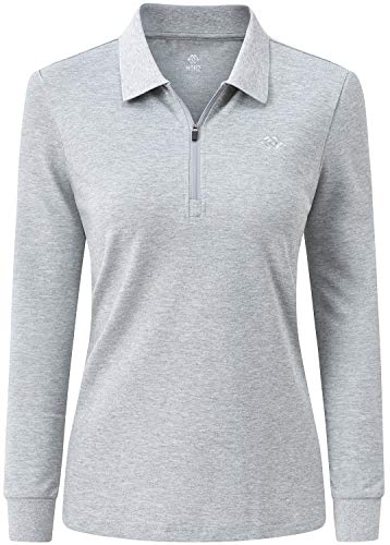 MoFiz Damen Poloshirt Langarm Baumwolle Polohemd Sport Polo Wintershirts mit Reißverschluss Kragen Grau L von MoFiz