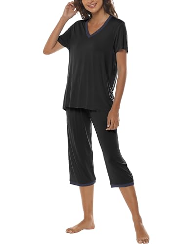 MoFiz Damen Pyjama Set Zweiteilige Nachtwäsche Kurzarm und Capri Hose Kurz Sleepwear Hausanzug V-Ausschnitt Sleepshirt Pyjamahose für Frühling Sommer Schwarz Größe L von MoFiz