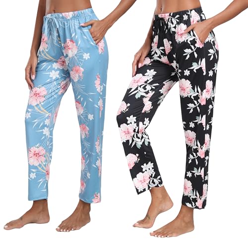 MoFiz Damen Pyjamahose Schlafanzughose Lang Weit Schlafhose Nachtwäsche Weich Loungehose Freizeithose mit Taschen 2er Pack Geblümt XXL MoFiz Damen Pyjamahose Schlafanzughose Lang Weit Schlafhose Nachtwäsche Weich Loungehose Freizeithose mit Taschen 2er Pack Geblümt XXL von MoFiz