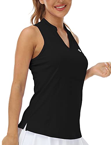 MoFiz Damen Racerback Ärmelloses Golf-Poloshirt V-Ausschnitt Kragenlos Tennis Laufen Tank Tops Schnell Trocknen Athletic Casual, Schwarz, Klein von MoFiz