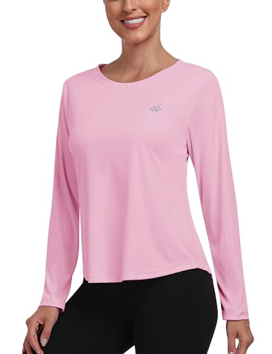 MoFiz Damen Rashguard UPF 50+ Shirt Sportshirt Langarm T-Shirt Schnell trocknend Strand Schwimmshirt Rosa XXL von MoFiz