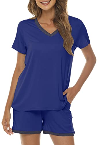 MoFiz Damen Schlafanzüge Kurz Nachtwäsche Weich Zweiteiliger Pyjamas Set Kurzarm Hausanzug PJ Set Blau XL von MoFiz