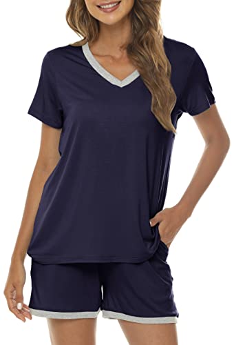 MoFiz Damen Schlafanzüge Kurz Nachtwäsche Weich Zweiteiliger Pyjamas Set Kurzarm Hausanzug PJ Set Marineblau XL von MoFiz