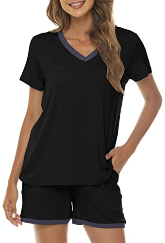MoFiz Damen Schlafanzüge Kurz Nachtwäsche Weich Zweiteiliger Pyjamas Set Kurzarm Hausanzug PJ Set Schwarz L von MoFiz