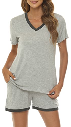 MoFiz Damen Schlafanzug Kurz Pyjama Set Kurzarm Hausanzug Loungewear V-Ausschnitt Zweiteiliger Nachtwäsche Hellgrau XXL von MoFiz
