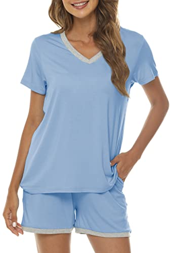 MoFiz Damen Schlafanzug Kurz Pyjama Set Kurzarm Hausanzug Sleepwear V-Ausschnitt Zweiteiliger Nachtwäsche Himmelblau L von MoFiz