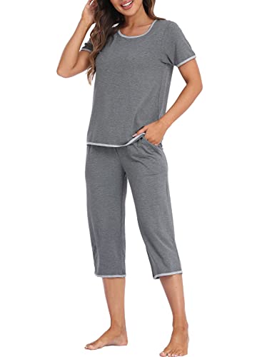 MoFiz Damen Schlafanzug Kurz Pyjama Set Sommer Kurzarm Nachtwäsche Hausanzug Zweiteilige Sleepwear Freizeitanzug mit Tasche Dunkelgrau XL von MoFiz