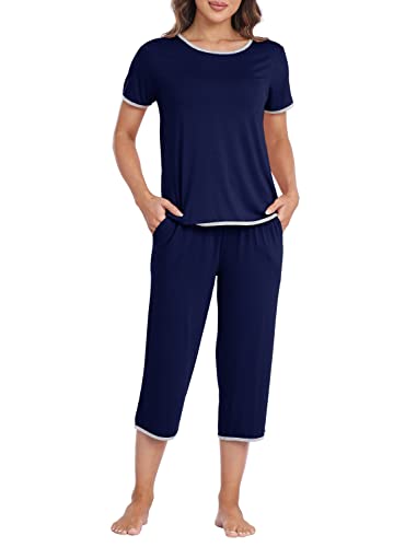 MoFiz Damen Schlafanzug Kurz Pyjama Set Sommer Kurzarm Nachtwäsche Hausanzug Zweiteilige Sleepwear Freizeitanzug mit Tasche Marineblau M von MoFiz