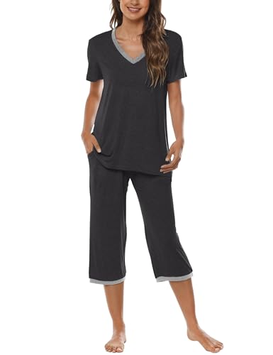 MoFiz Damen Schlafanzug Kurzes Pyjama Set Hausanzug V-Ausschnitt Zweiteiler Nachtwäsche fur Sommer Grau-B XL von MoFiz