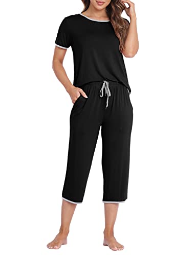 MoFiz Damen Schlafanzug Kurzes Pyjama Set Superweich Nachtwäsche Chlafanzug für den Sommer Schwarz L von MoFiz