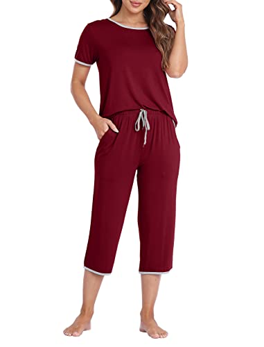 MoFiz Damen Schlafanzug Kurzes Pyjama Set Superweich Nachtwäsche Chlafanzug für den Sommer Weinrot L von MoFiz