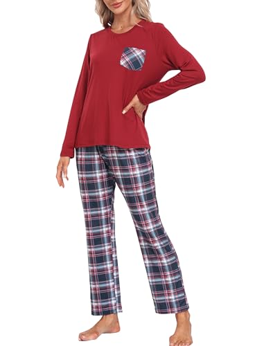 MoFiz Damen Schlafanzug Lang Pyjama Set Herbst Winter Nachtwäsche Zweiteiliger Sleepwear Soft Loungewear Hausanzug mit Karierte Hose L von MoFiz