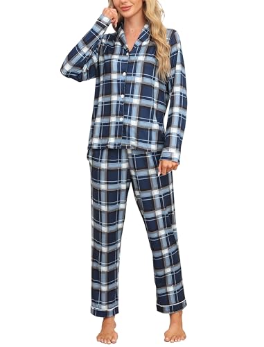 MoFiz Damen Schlafanzug Lang Pyjama Set Karierte Weich Zweiteiliger Langarm Shirt mit Knopfleiste und Schlafanzughose Lang Nachtwäsche Hausanzug Pjs Set Blau kariert Größe US S von MoFiz