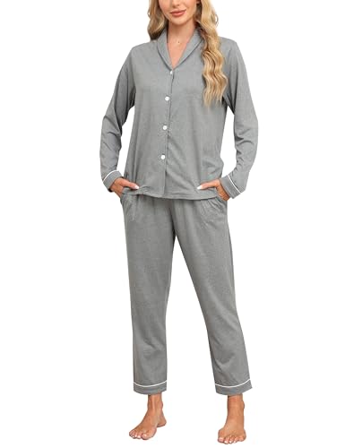 MoFiz Damen Schlafanzug Lang Pyjama Set Karierte Weich Zweiteiliger Langarm Shirt mit Knopfleiste und Schlafanzughose Lang Nachtwäsche Hausanzug Pjs Set Grau Größe US 2X; von MoFiz
