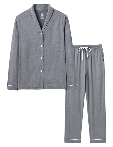 MoFiz Damen Schlafanzug Lang Pyjama Set Karierte Weich Zweiteiliger Langarm Shirt mit Knopfleiste und Schlafanzughose Lang Nachtwäsche Hausanzug Pjs Set Grau Größe US L von MoFiz