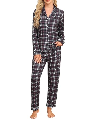 MoFiz Damen Schlafanzug Lang Pyjama Set Karierte Weich Zweiteiliger Langarm Shirt mit Knopfleiste und Schlafanzughose Lang Nachtwäsche Hausanzug Pjs Set Karierte A Größe US S von MoFiz