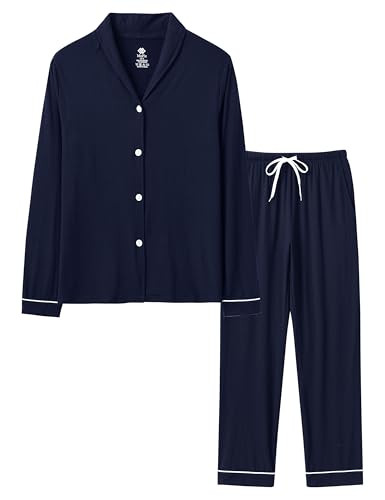 MoFiz Damen Schlafanzug Lang Pyjama Set Karierte Weich Zweiteiliger Langarm Shirt mit Knopfleiste und Schlafanzughose Lang Nachtwäsche Hausanzug Pjs Set Marineblau Größe US M von MoFiz