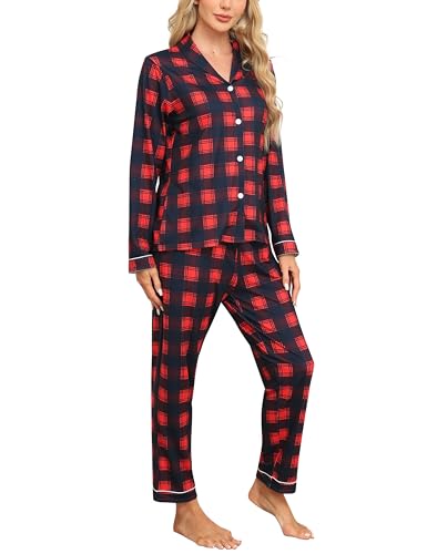 MoFiz Damen Schlafanzug Lang Pyjama Set Karierte Weich Zweiteiliger Langarm Shirt mit Knopfleiste und Schlafanzughose Lang Nachtwäsche Hausanzug Pjs Set Rot kariert Größe US L von MoFiz