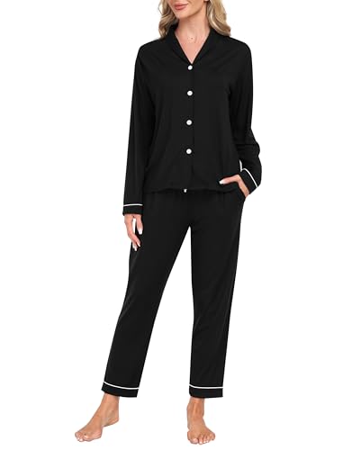 MoFiz Damen Schlafanzug Lang Pyjama Set Karierte Weich Zweiteiliger Langarm Shirt mit Knopfleiste und Schlafanzughose Lang Nachtwäsche Hausanzug Pjs Set Schwarz Größe US M von MoFiz