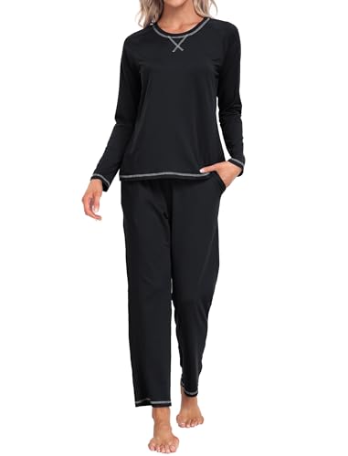 MoFiz Damen Schlafanzug Lang Pyjama Set Sleepwear Hausanzug Soft Einfach Nachtwäsche Loungewear Schwarz M von MoFiz