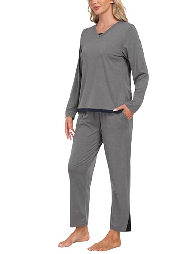 MoFiz Damen Schlafanzug Lang Winter Warm PyjamaSet Weich Schlafanzüge Zweiteiliger Nachtwäsche Sleepwear Langarm mit Tasche Mittel Grau-01 XL von MoFiz
