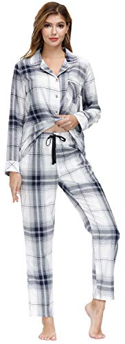 MoFiz Damen Schlafanzug Langarm Baumwolle Warm Kariert Sleepwear Pyjama Anzug mit Knopfleiste Nachtwäsche Herbst und Winter 2XL von MoFiz