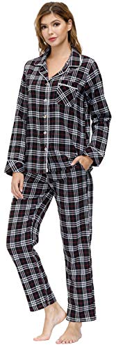 MoFiz Damen Schlafanzug Langarm Baumwolle Warm Kariert Sleepwear Pyjama Anzug mit Knopfleiste Nachtwäsche Herbst und Winter 2XL von MoFiz