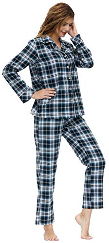 MoFiz Damen Schlafanzug Langarm Baumwolle Warm Kariert Sleepwear Pyjama Anzug mit Knopfleiste Nachtwäsche Herbst und Winter L von MoFiz