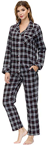 MoFiz Damen Schlafanzug Langarm Baumwolle Warm Kariert Sleepwear Pyjama Anzug mit Knopfleiste Nachtwäsche Herbst und Winter XL von MoFiz