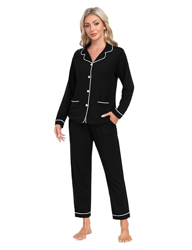MoFiz Damen Schlafanzug Langarm Warm Sleepwear Pyjama Anzug mit Knopfleiste Nachtwäsche Herbst und Winter A S von MoFiz