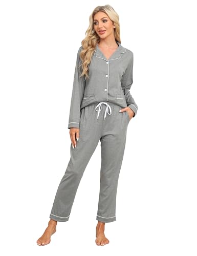 MoFiz Damen Schlafanzug Langarm Warm Sleepwear Pyjama Anzug mit Knopfleiste Nachtwäsche Herbst und Winter B L von MoFiz