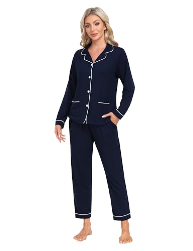 MoFiz Damen Schlafanzug Langarm Warm Sleepwear Pyjama Anzug mit Knopfleiste Nachtwäsche Herbst und Winter C XL von MoFiz