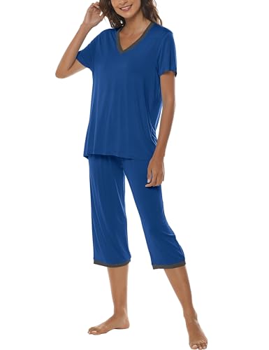 MoFiz Damen Schlafanzug Sommer Pyjama Kurze Oberteile mit Ärmel 3/4 Pyjamahose Weichen Nachtwäsche Hausanzug Kurzarm Sleepwear XS-XXL Mittelblau Größe XXL von MoFiz