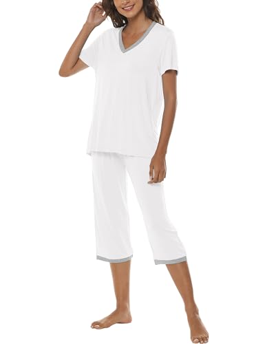 MoFiz Damen Schlafanzug Zweiteilige Kurzarm Capri HosePyjama Set V-Ausschnitt Weich Ärmel Pyjamahose Nachtwäsche Hausanzug Weiß Größe M von MoFiz