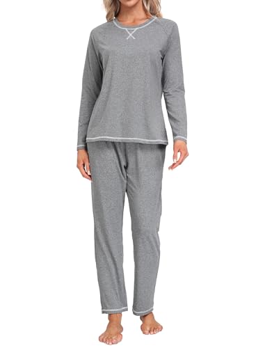 MoFiz Damen Schlafanzug Zweiteiliger Pyjama Set Raglanärmel Atmungsaktive Loungewear mit Rundhalsausschnitt Mittel Grau L von MoFiz