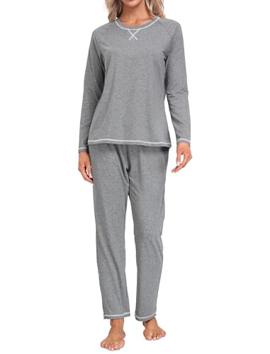 MoFiz Damen Schlafanzug Zweiteiliger Pyjama Set Raglanärmel Atmungsaktive Loungewear mit Rundhalsausschnitt Mittel Grau S von MoFiz