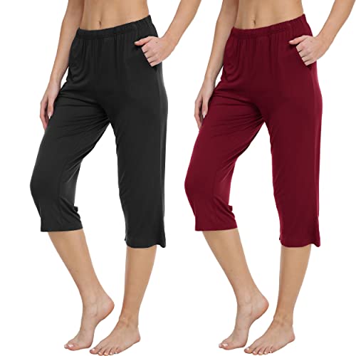 MoFiz Damen Schlafanzughose 3/4 Lang Schlafhose Modal Nachtwäsche Weich Pyjamahose Freizeithose mit Taschen Rot Schwarz S von MoFiz