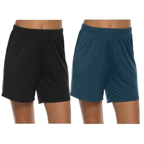MoFiz Damen Schlafanzughose Kurz Pyjamahose Weich Modal Nachtwäsche Sommer Schlafshorts 2 Pack Blau/Schwarz XL von MoFiz