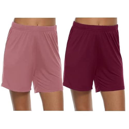 MoFiz Damen Schlafanzughose Kurz Pyjamahose Weich Modal Nachtwäsche Sommer Schlafshorts 2 Pack Dunkelrosa/Weinrot S von MoFiz
