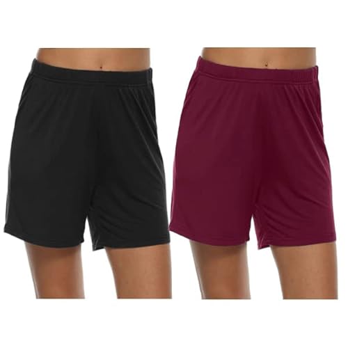 MoFiz Damen Schlafanzughose Kurz Pyjamahose Weich Modal Nachtwäsche Sommer Schlafshorts 2 Pack Schwarz/Weinrot XXL von MoFiz