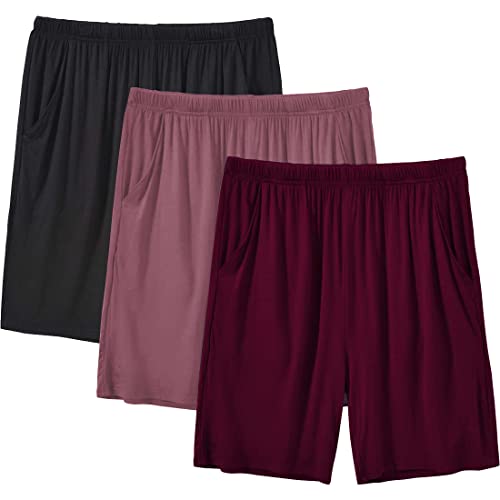 MoFiz Damen Schlafanzughose Kurz Pyjamahose Weich Modal Nachtwäsche Sommer Schlafshorts 3 Pack Schwarz/Dunkelrosa/Burgunderrot XXL von MoFiz
