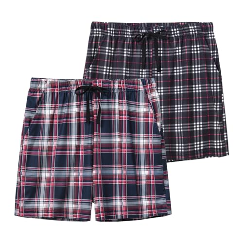 MoFiz Damen Schlafanzughose Kurz Pyjamahose Weit Schlafshorts Nachtwäsche Weich Loungehose Sommer Freizeithose mit Taschen 2er Pack Karierte A, L von MoFiz
