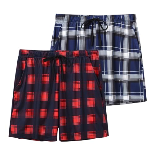 MoFiz Damen Schlafanzughose Kurz Pyjamahose Weit Schlafshorts Nachtwäsche Weich Loungehose Sommer Freizeithose mit Taschen 2er Pack Karierte B, XL von MoFiz