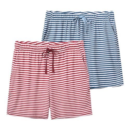 MoFiz Damen Schlafanzughose Kurz Pyjamahose Weit Schlafshorts Nachtwäsche Weich Loungehose Sommer Freizeithose mit Taschen 2er Pack Streifen Rot+Blau XXL MoFiz Damen Schlafanzughose Kurz Pyjamahose Weit Schlafshorts Nachtwäsche Weich Loungehose Sommer Freizeithose mit Taschen 2er Pack Streifen Rot+Blau XXL von MoFiz