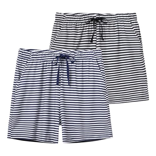 MoFiz Damen Schlafanzughose Kurz Pyjamahose Weit Schlafshorts Nachtwäsche Weich Loungehose Sommer Freizeithose mit Taschen 2er Pack Streifen Schwarz+Marineblau L von MoFiz