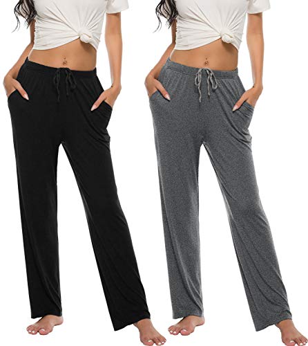 MoFiz Damen Schlafanzughose Lang Schlafhose Modal Nachtwäsche Weich Pyjamahose Dunkelgrau + Schwarz M von MoFiz