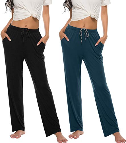 MoFiz Damen Schlafanzughose Lang Schlafhose Modal Nachtwäsche Weich Pyjamahose Schwarz + Blau XXL von MoFiz